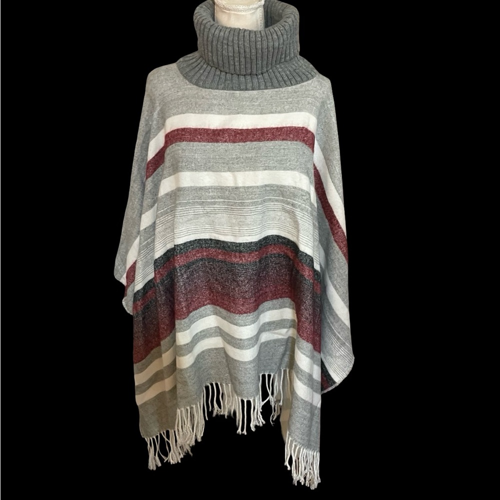 Vince Camuto striped turtleneck fringe poncho knit gray One Size OSFM gray red - Picture 12 of 14